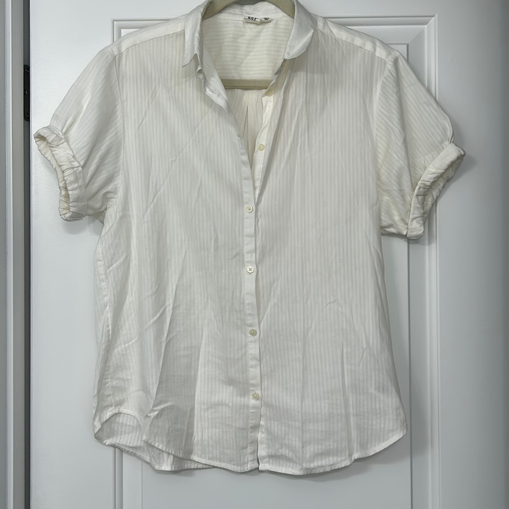 GAP white stripe rolled sleeve short sleeve button up